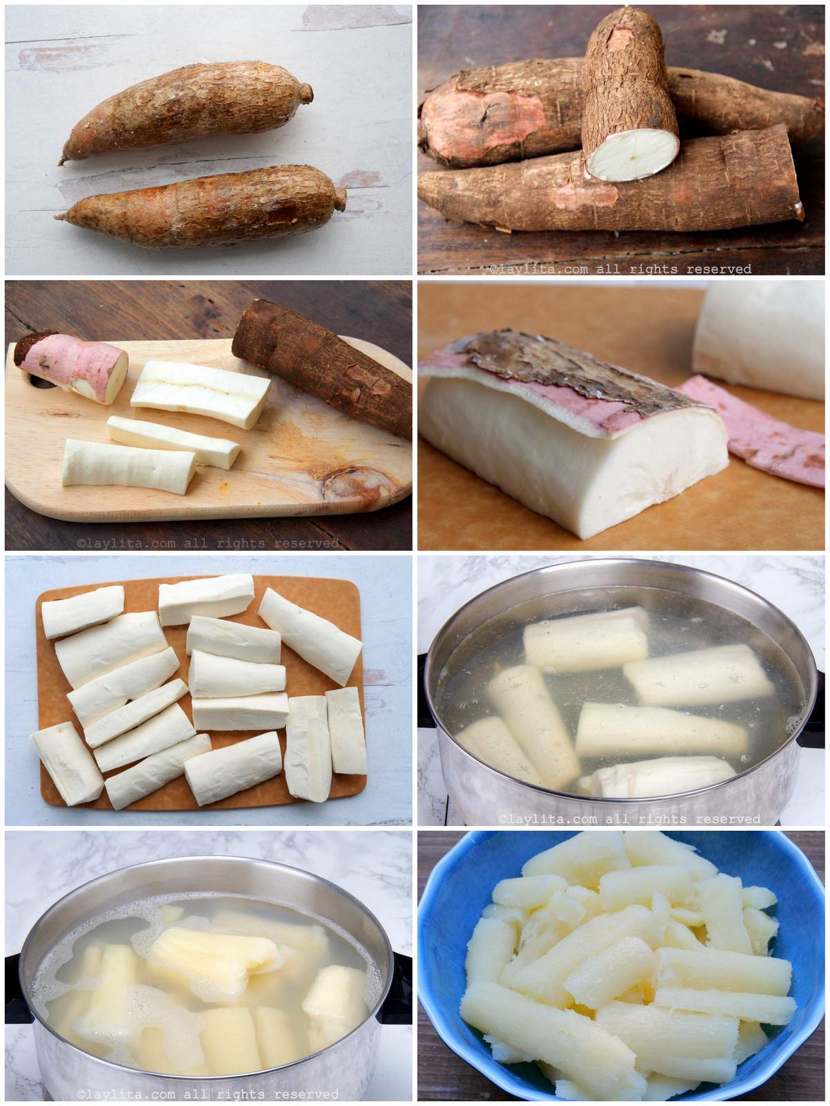 Photo collage with step by-step photos on how to peel and boil yuca or cassava