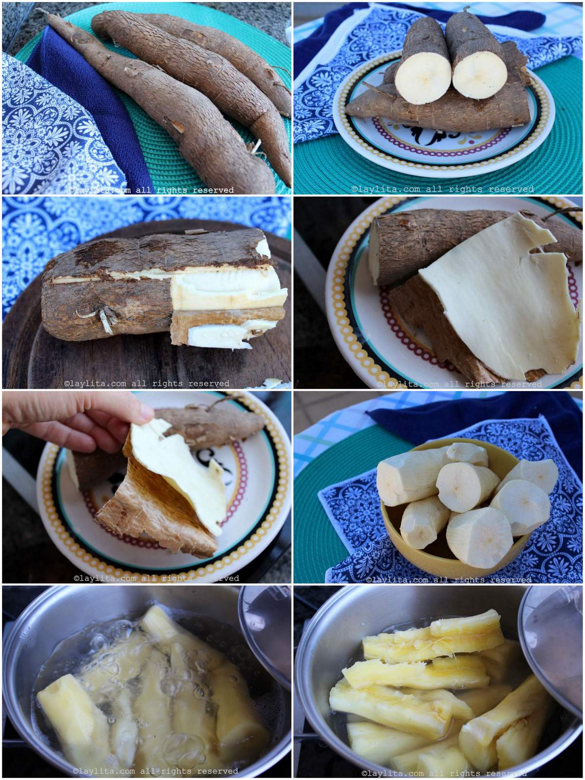 Photo collage showing how to peel and cook yuca root