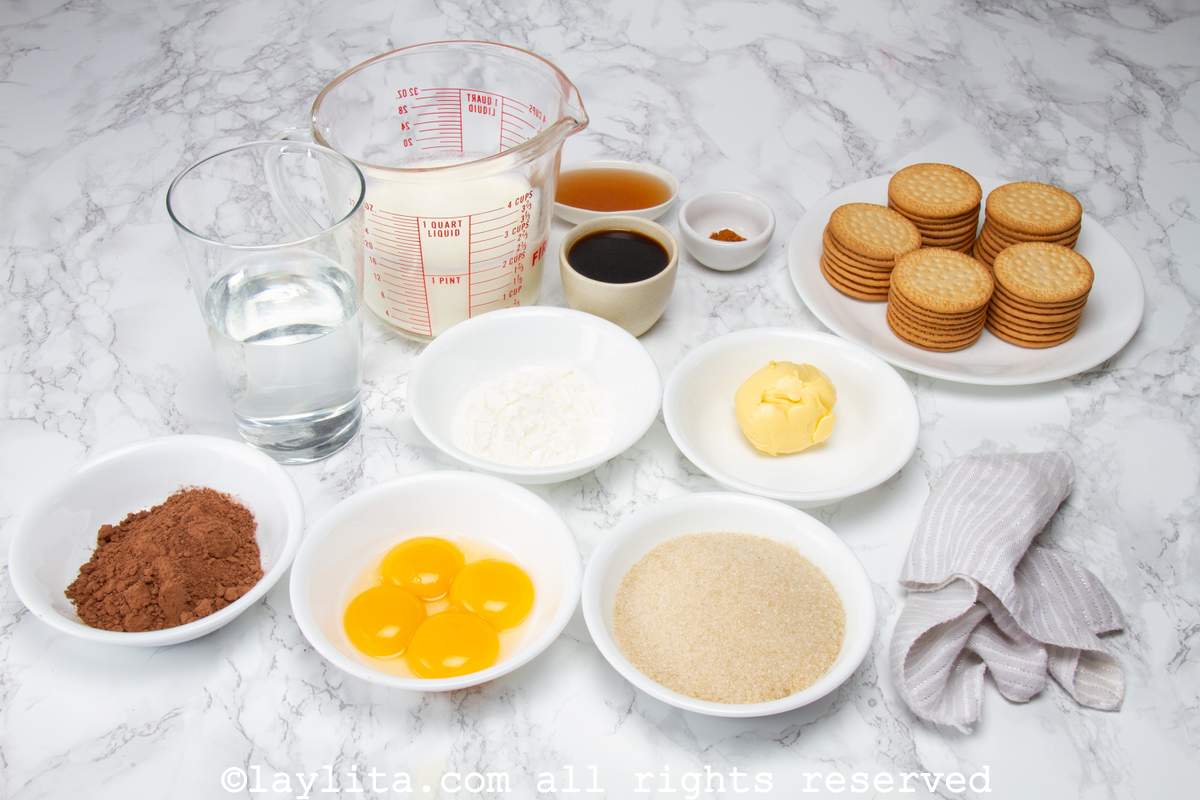 Ingredients you need to make a marquesa de chocolate on a kitchen counter.