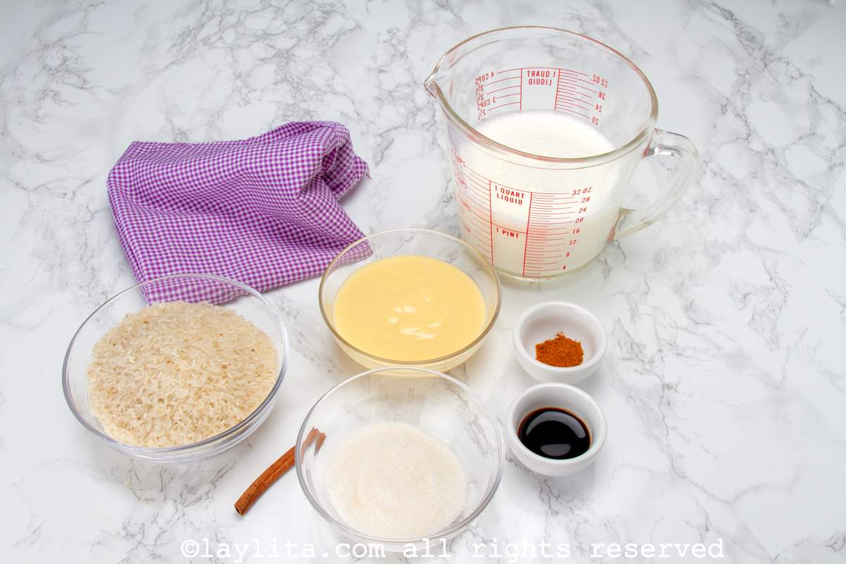 Ingredients for homemade Venezuelan chicha de arroz rice drink on a kitchen counter