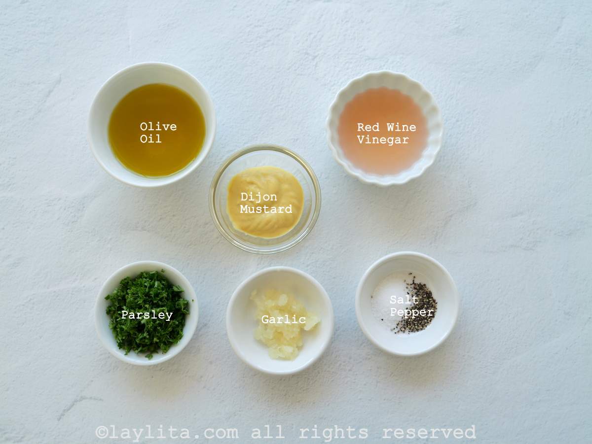 Ingredients for red wine vinegar mustard vinaigrette