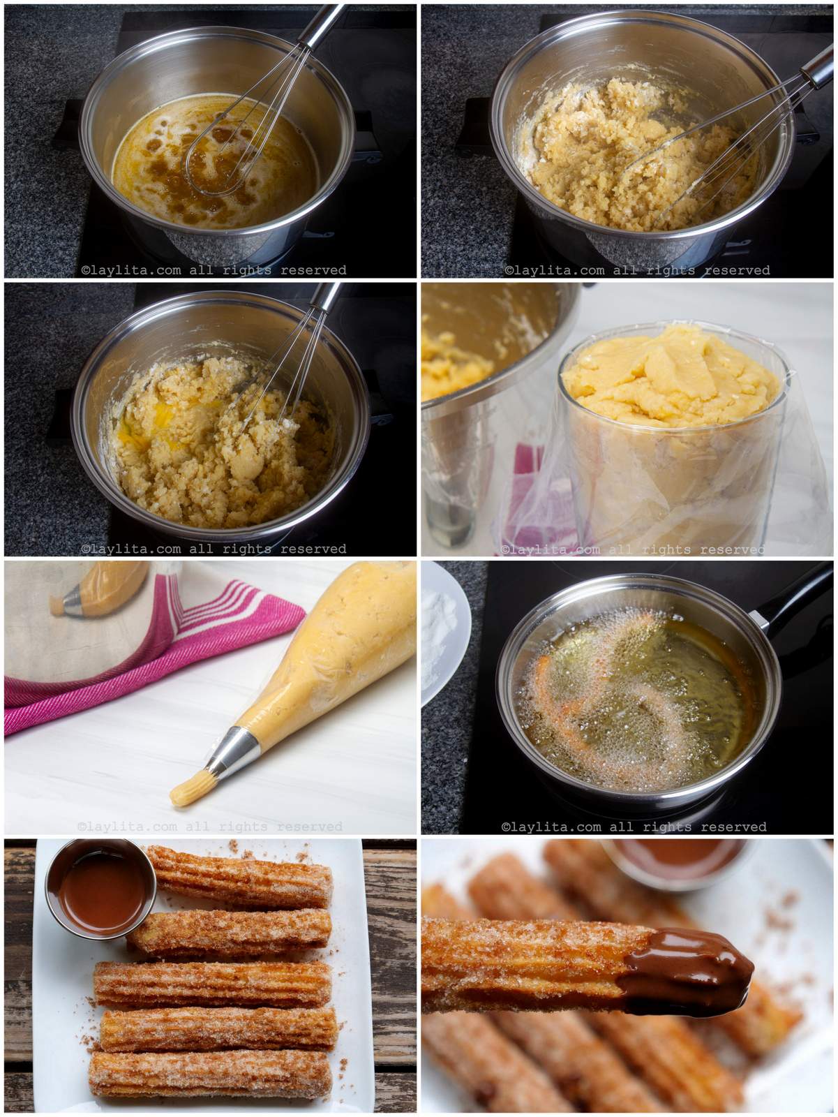Photo collage of the step by step preparation process for making homemade churros
