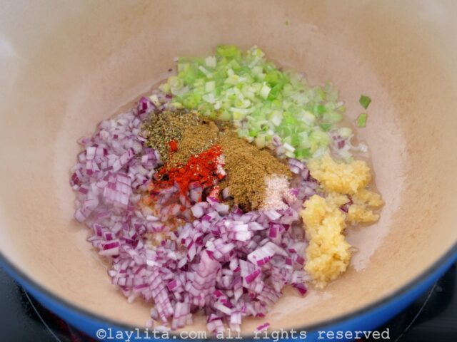Red onion, green onion, garlic and spices in a large pot