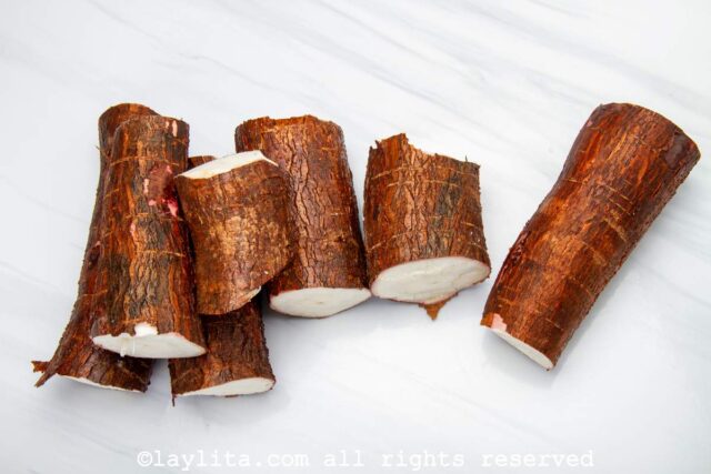 Yuca root with the edges trimmed and cut into pieces