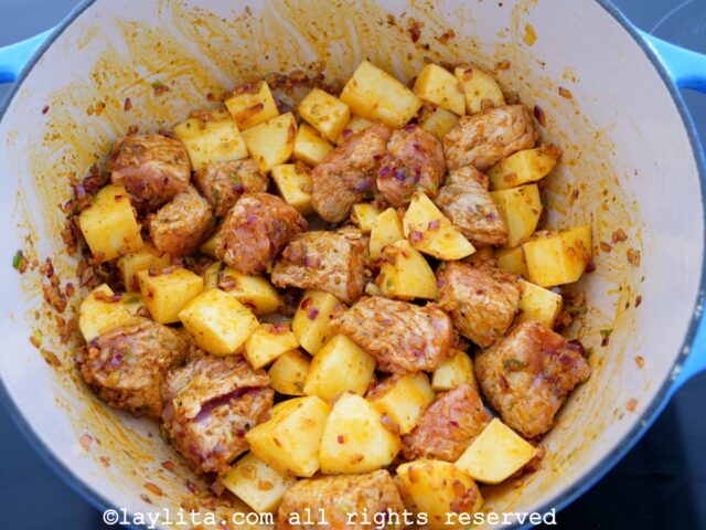 Sauteeing pork and potatoes with spices and seasonings in a soup pot