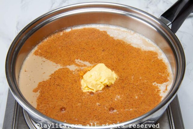 Preparing the chocolate pudding on the stove