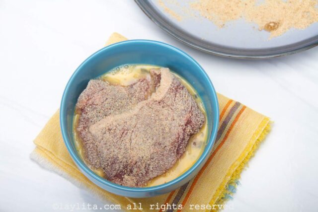 Thin steaks breaded and dipped in beaten egg mix