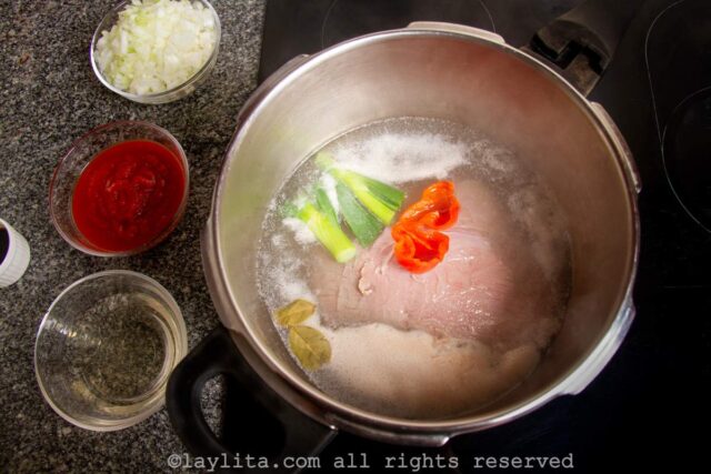 Cooking flank steak for Ropa Vieja in the pressure cooker