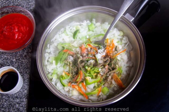 Cooking onions and peppers for Cuban sofrito