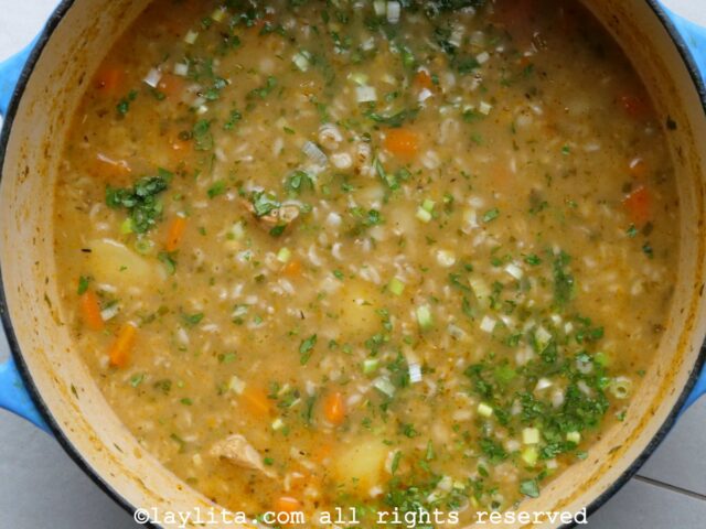 Blue soup pot filled with soup of oats, vegetables and pork