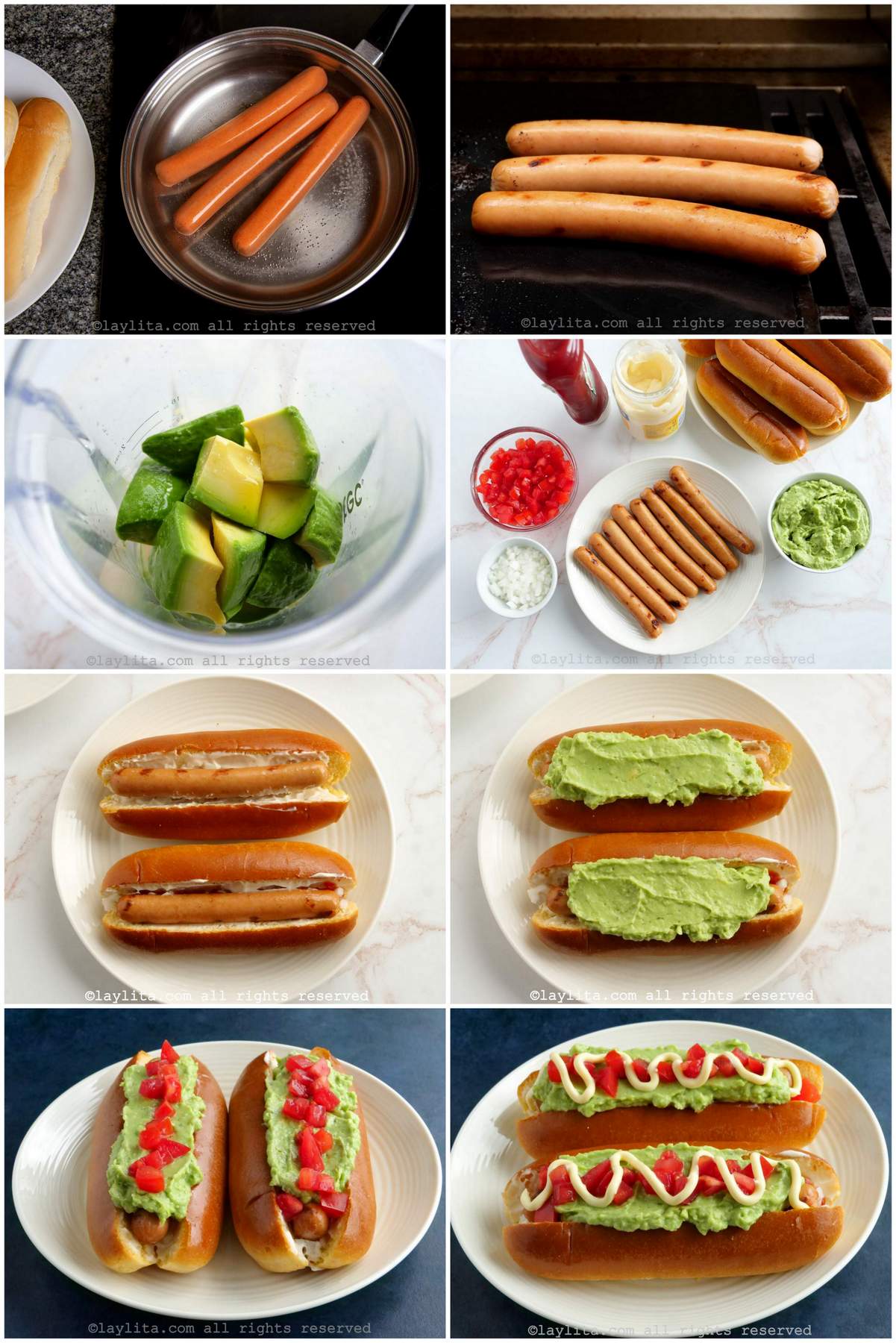 Collage of step by step preparation photos for Chilean Completo Hot Dogs with Avocado