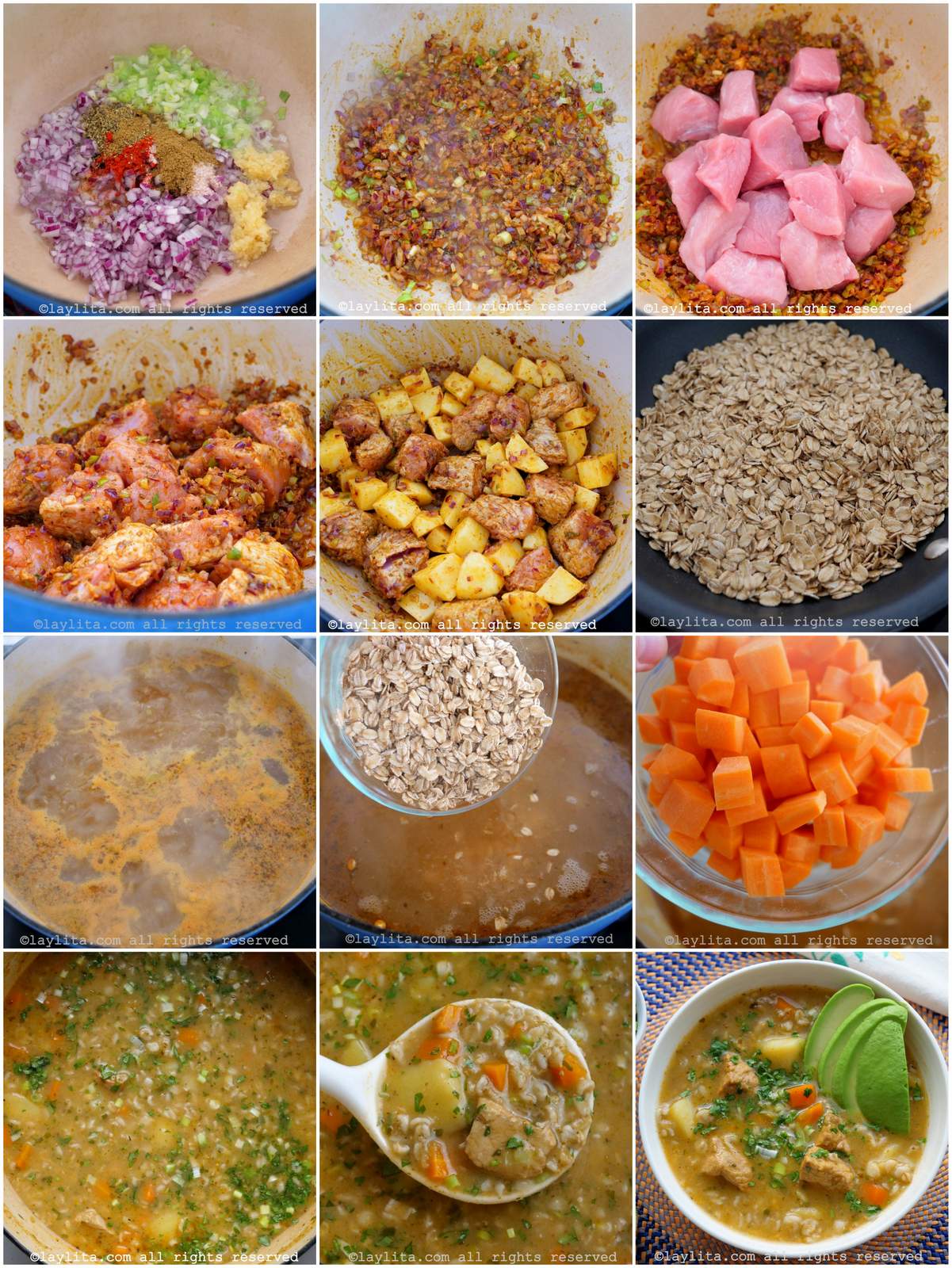 Collage of step by step preparation photos for Ecuadorian sopa de avena or oatmeal soup with pork