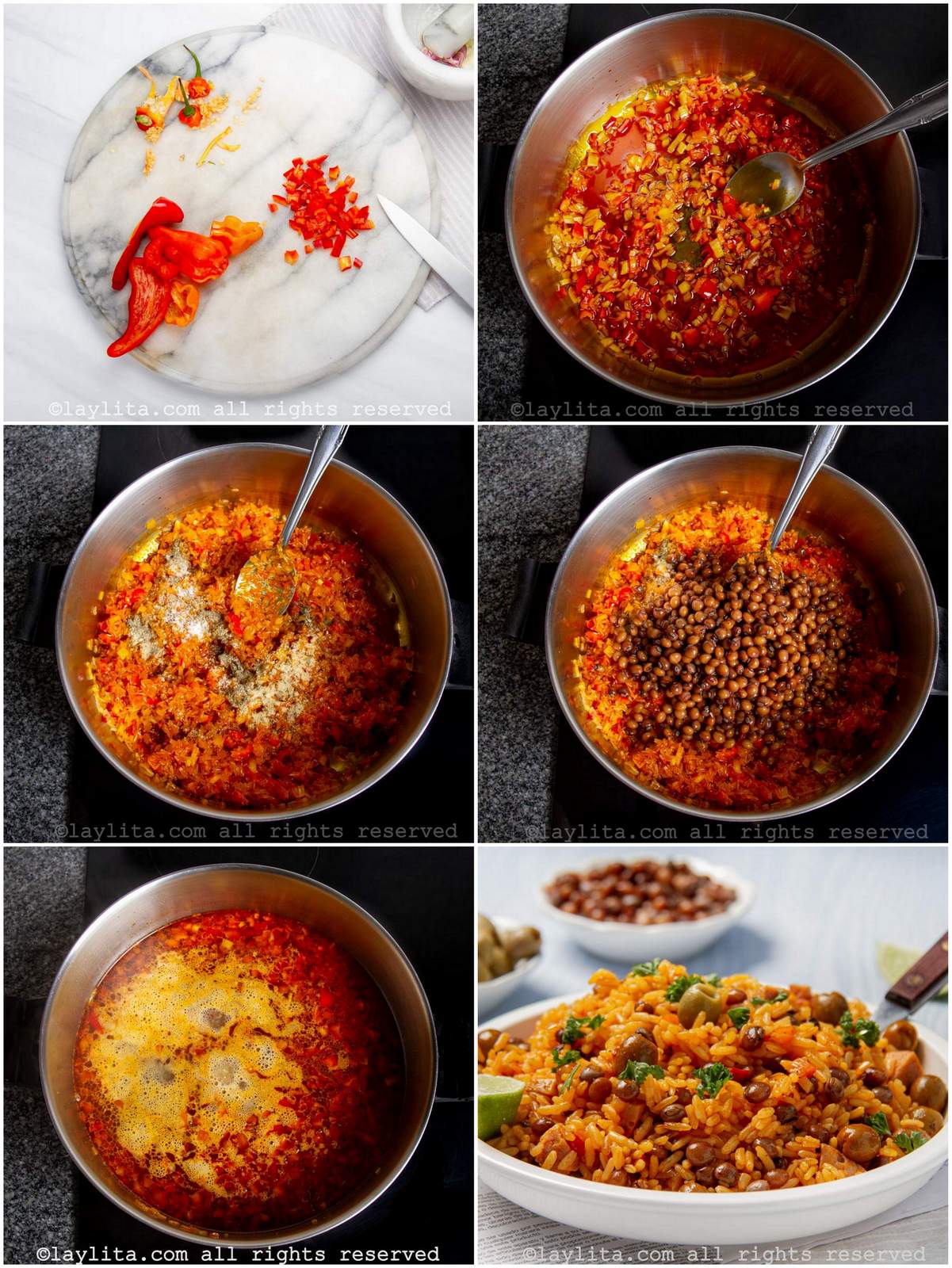 Collage of step by step preparation photos for Puerto Rican Arroz con Gandules or Rice with Pigeon Peas