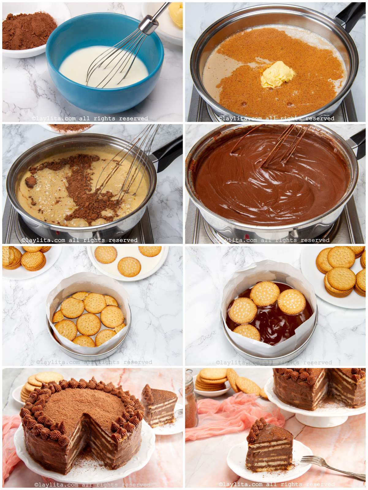 Photo collage of the step by step preparation process for Venezuelan Marquesa de Chocolate cake