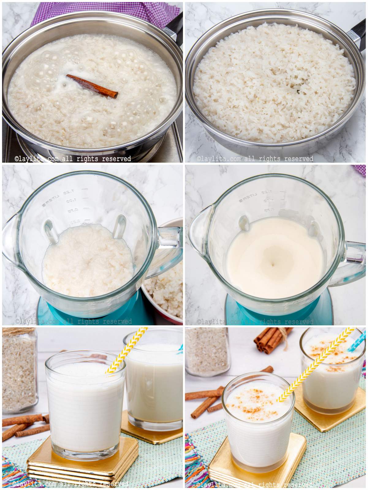 Collage of step by step preparation photos for Venezuelan chicha rice drink