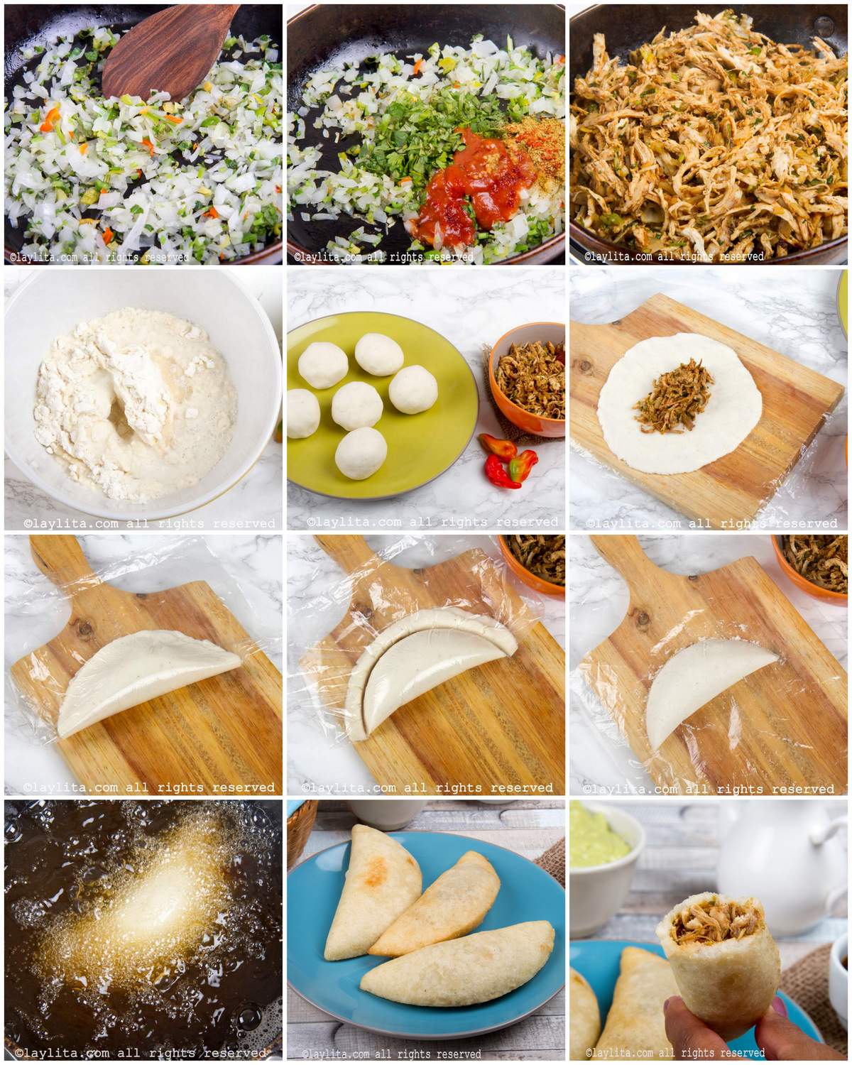 Photo collage of the step by step preparation for Venezuelan chicken empanadas with cornmeal dough
