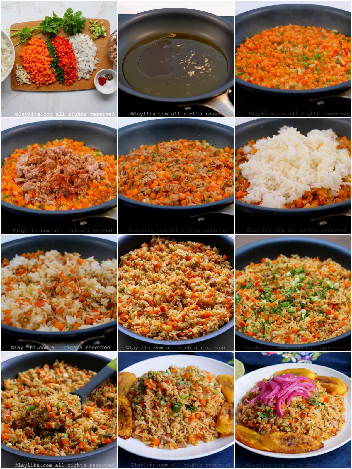 Collage of the step by step preparation photos for arroz con atún or rice with tuna