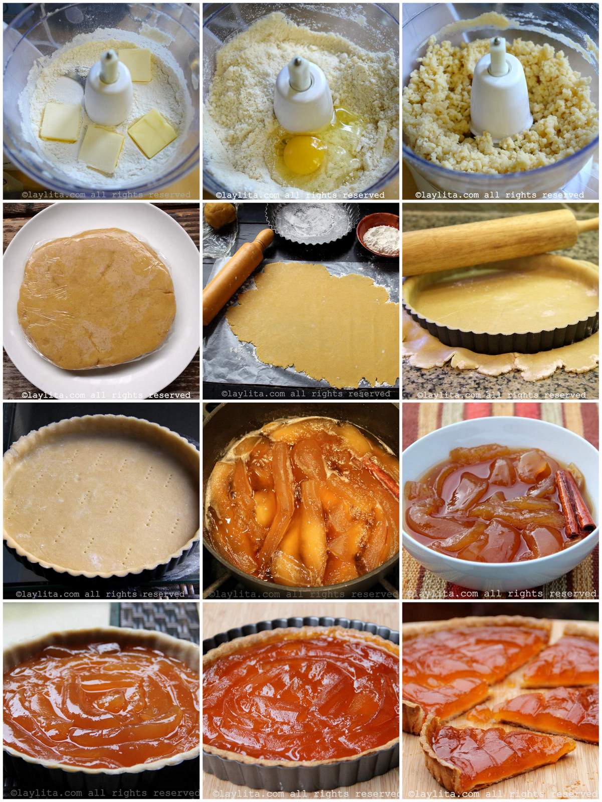 Collage of photos with the step by step preparation for babaco tart or pie recipe