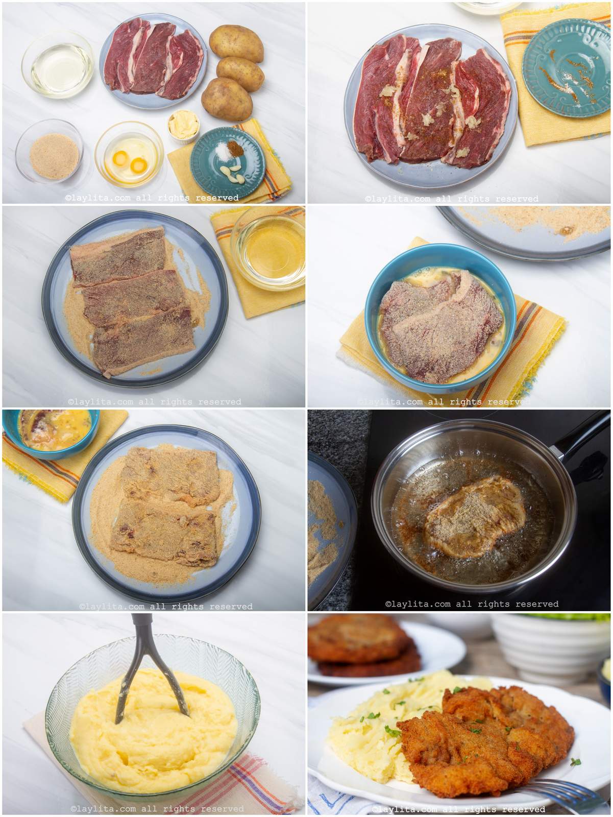 Photo collage for the step by step preparation process for milanesas de carne de res or crispy breaded thin beef steaks
