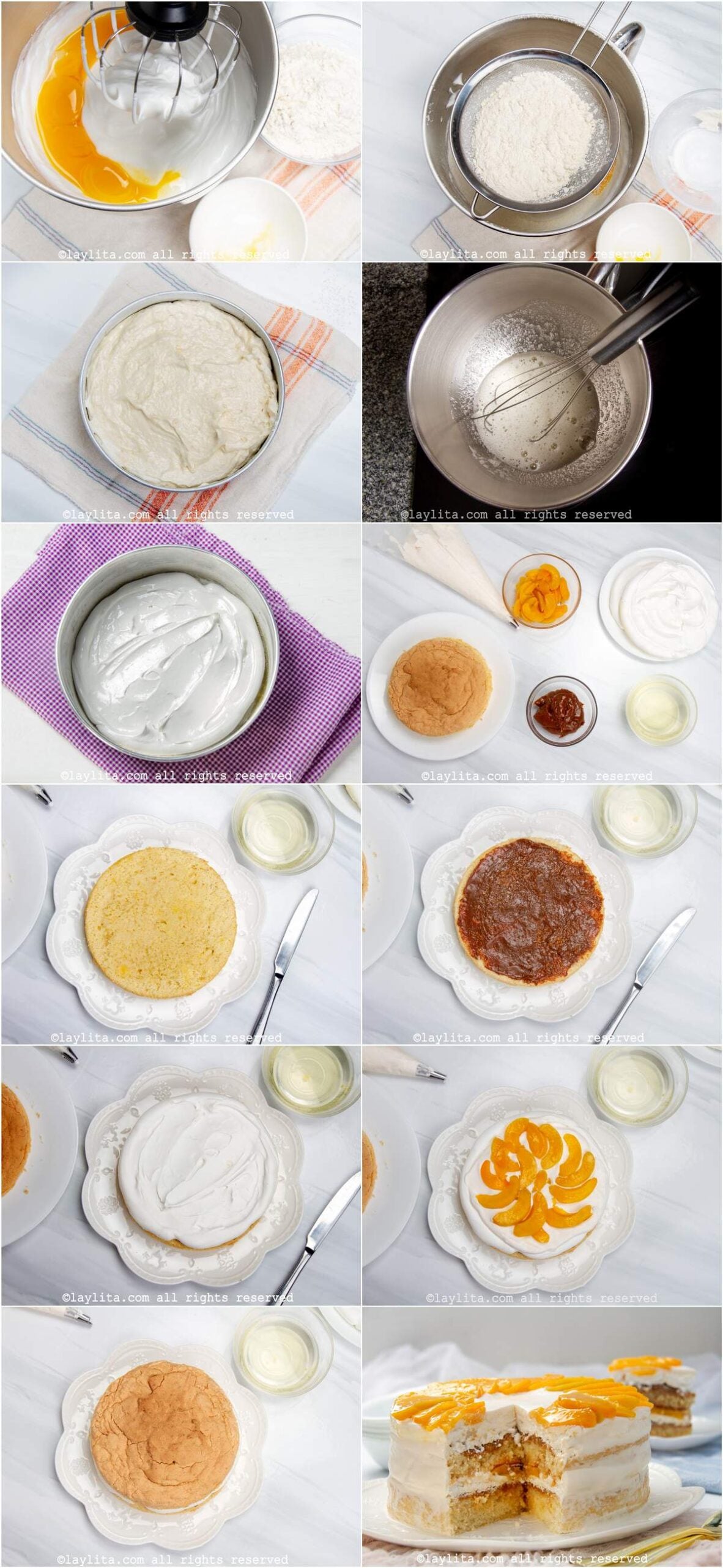 Photo collage of the step by step preparation process for Torta Chaja Uruguayan cake