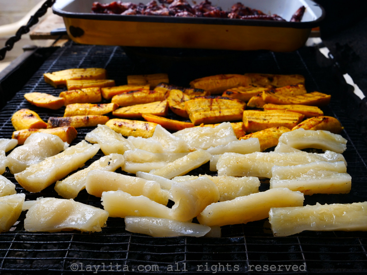 Yuca and plantains on the grill
