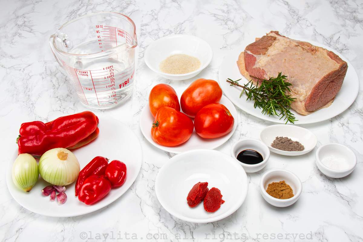 Ingredients needed for Venezuelan asado negro on a counter.