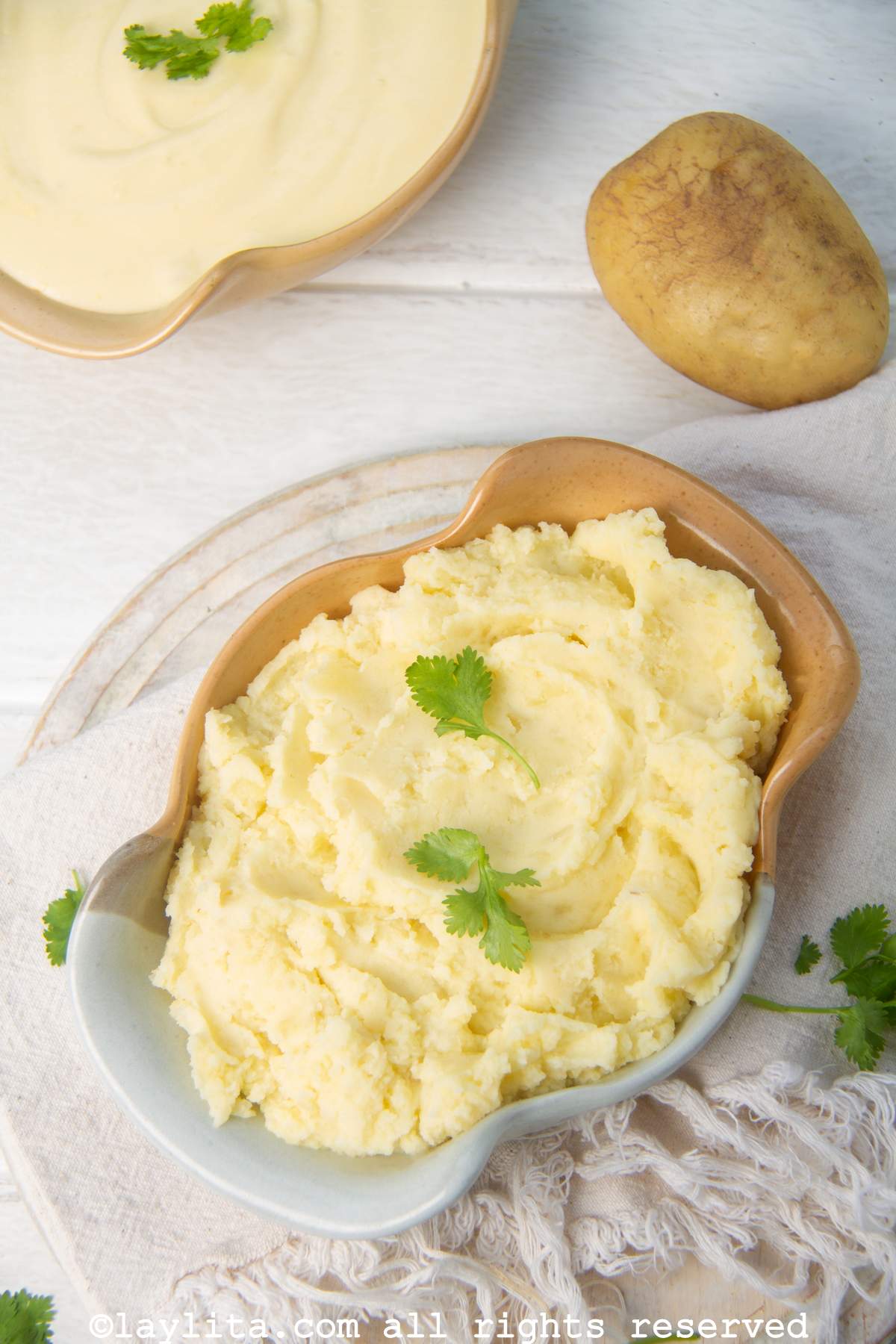 Two bowls of mashed potatoes, one more silky than the other.