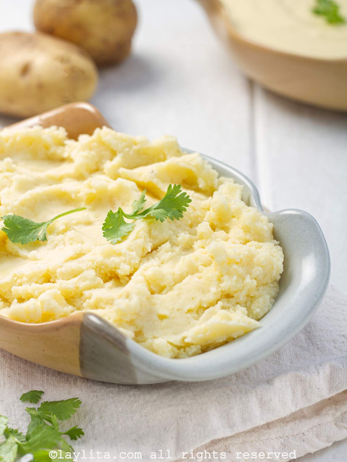 Overhead shot of rustic mashed potatoes in a serving bowl.
