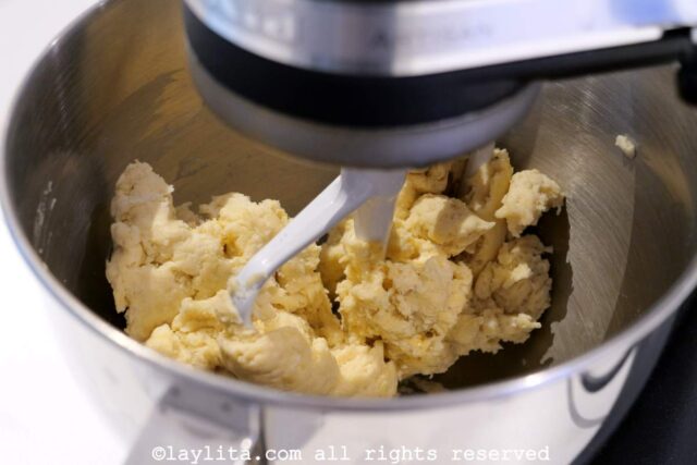 Dough being prepared in a stand mixer