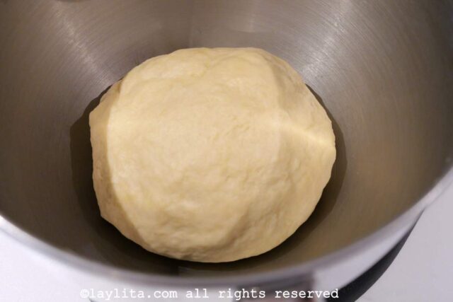 A ball of dough in a mixing bowl