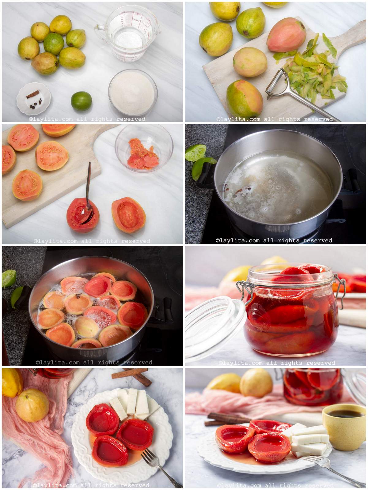 Photo collage of the step by step preparation for Cascos de Guayaba or candied guava shells in syrup