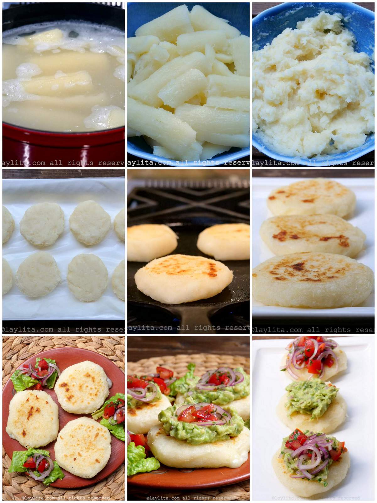 Collage of step by step preparation photos for Tortillas de Yuca or Cassava Patties stuffed with cheese