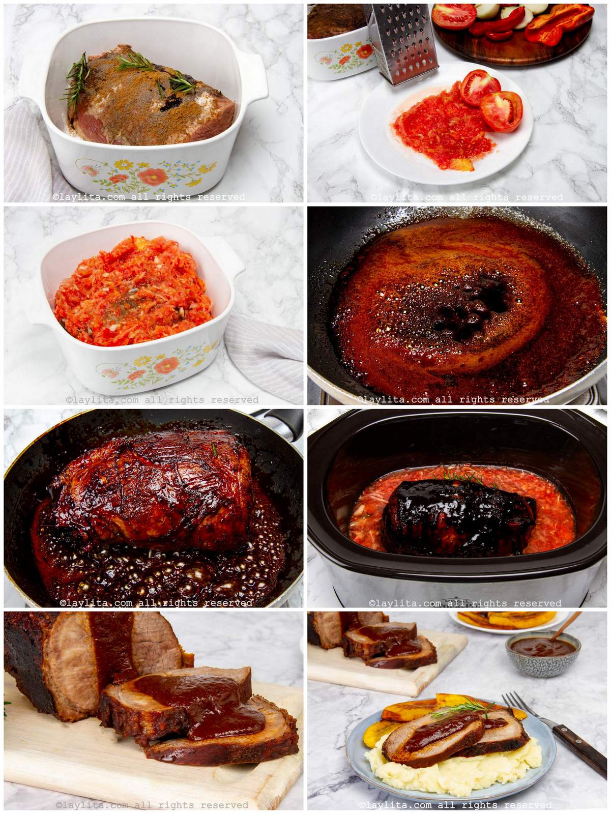 Collage of with step by step preparation photos for Venezuelan Asado Negro Roasted Beef