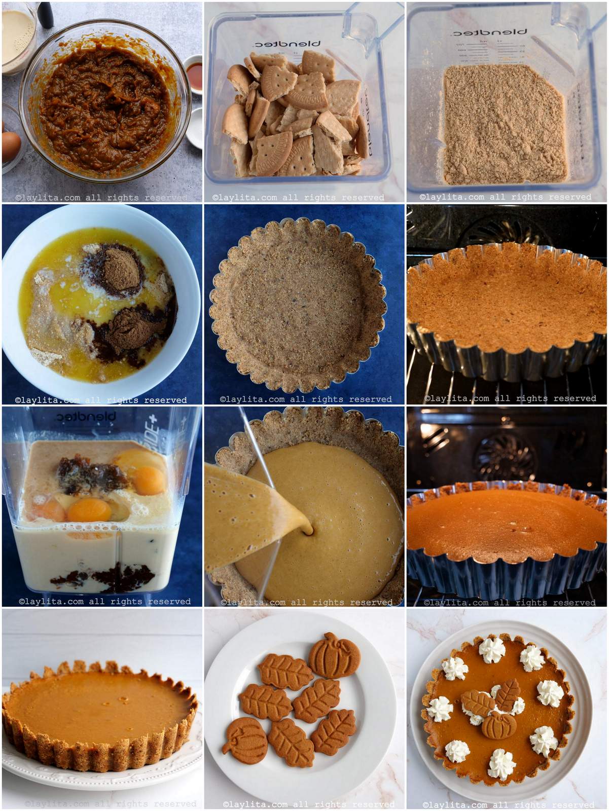 Collage of step by step preparation photos for pumpkin pie with cookie crust