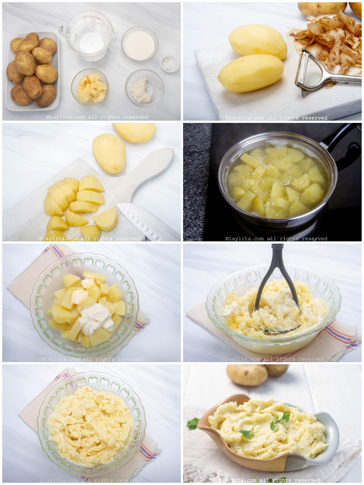 Photo collage of the step by step preparation for rustic style homemade mashed potatoes