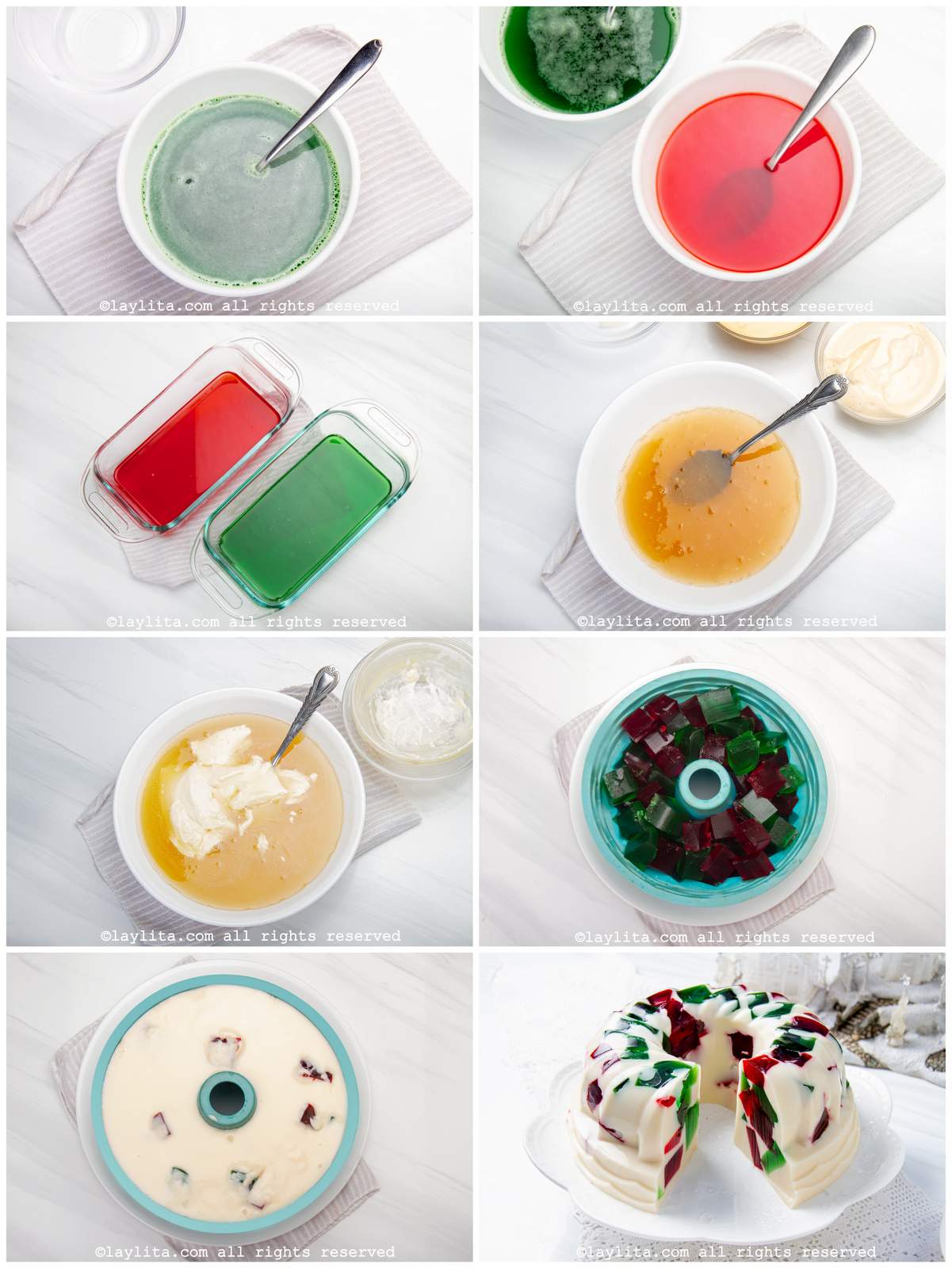 Collage of step by step preparation process photos for Christmas Mosaic Jello or Gelatina Mosaico Navideña