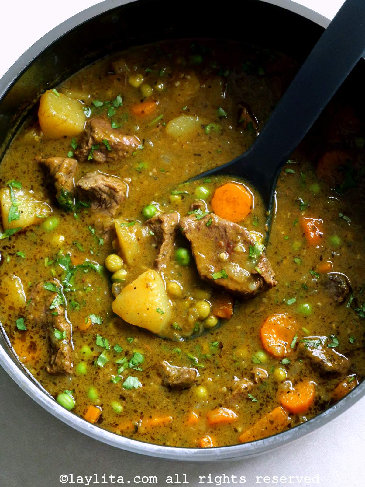 Peruvian seco de carne beef stew in a pot with a ladle scooping some up and showing the meat, potatoes, carrots and peas in a rich cilantro broth