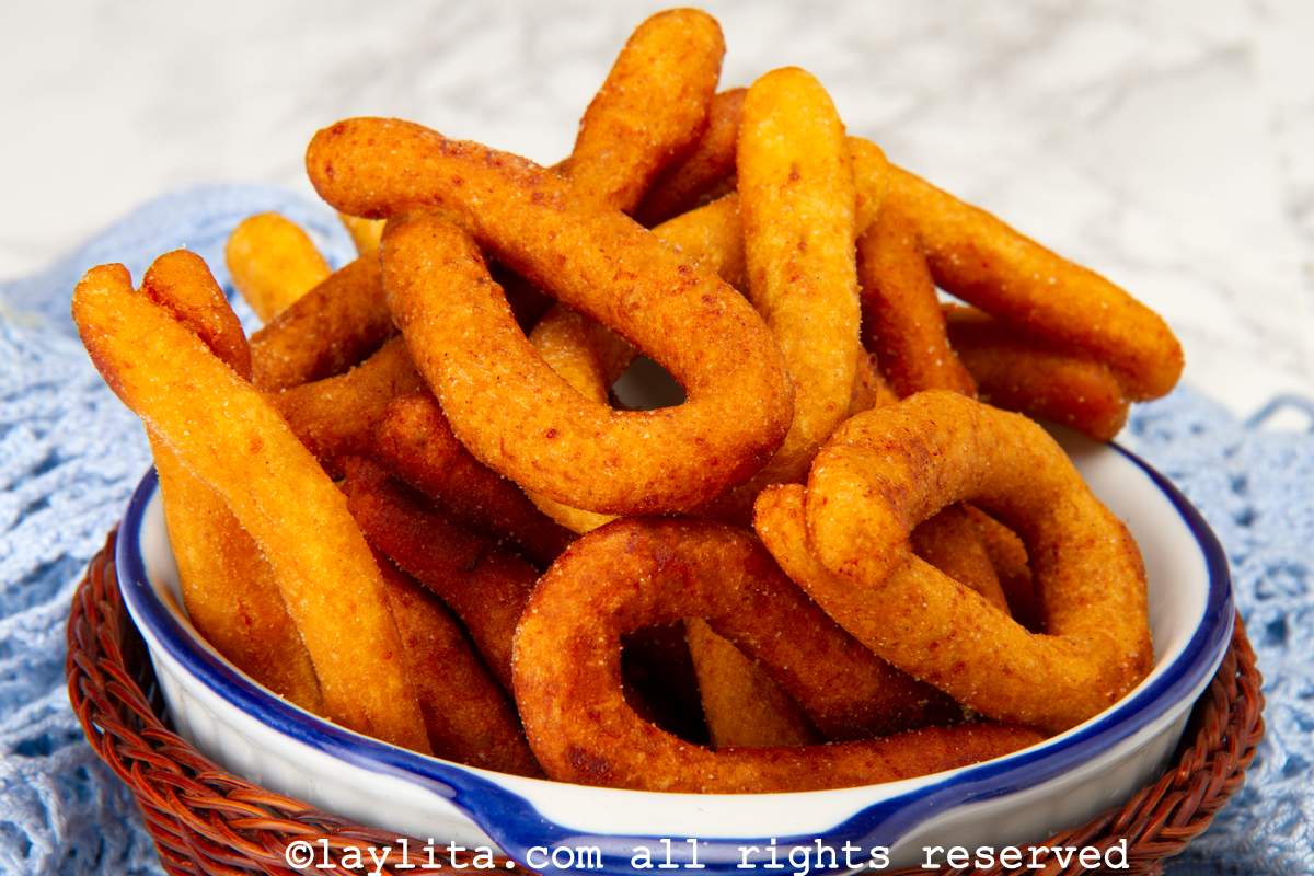Fried mandocas served in a large white bowl