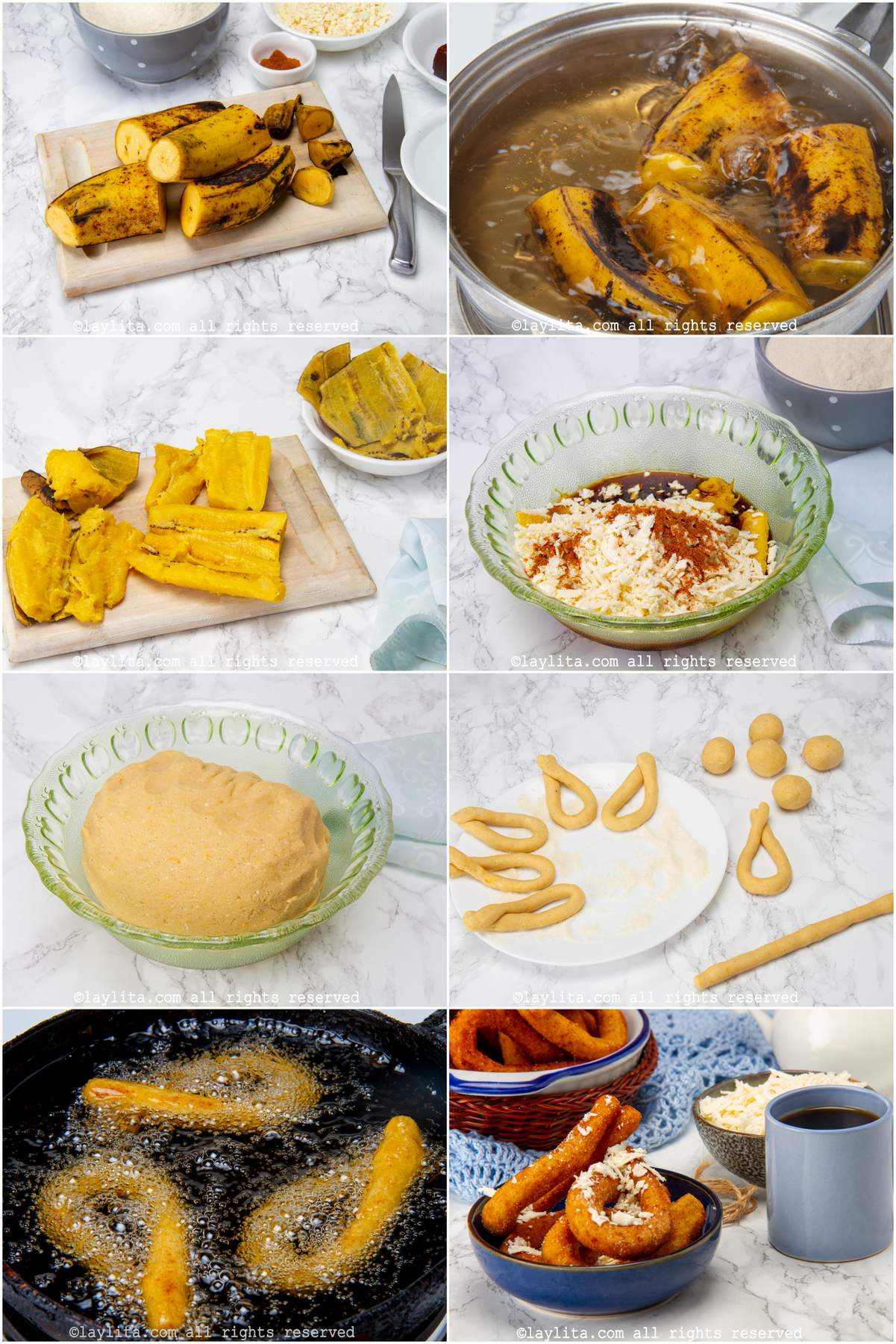 Photo collage of the step by step preparation for Venezuelan Mandocas or Ripe Plantain and cornmeal fritters