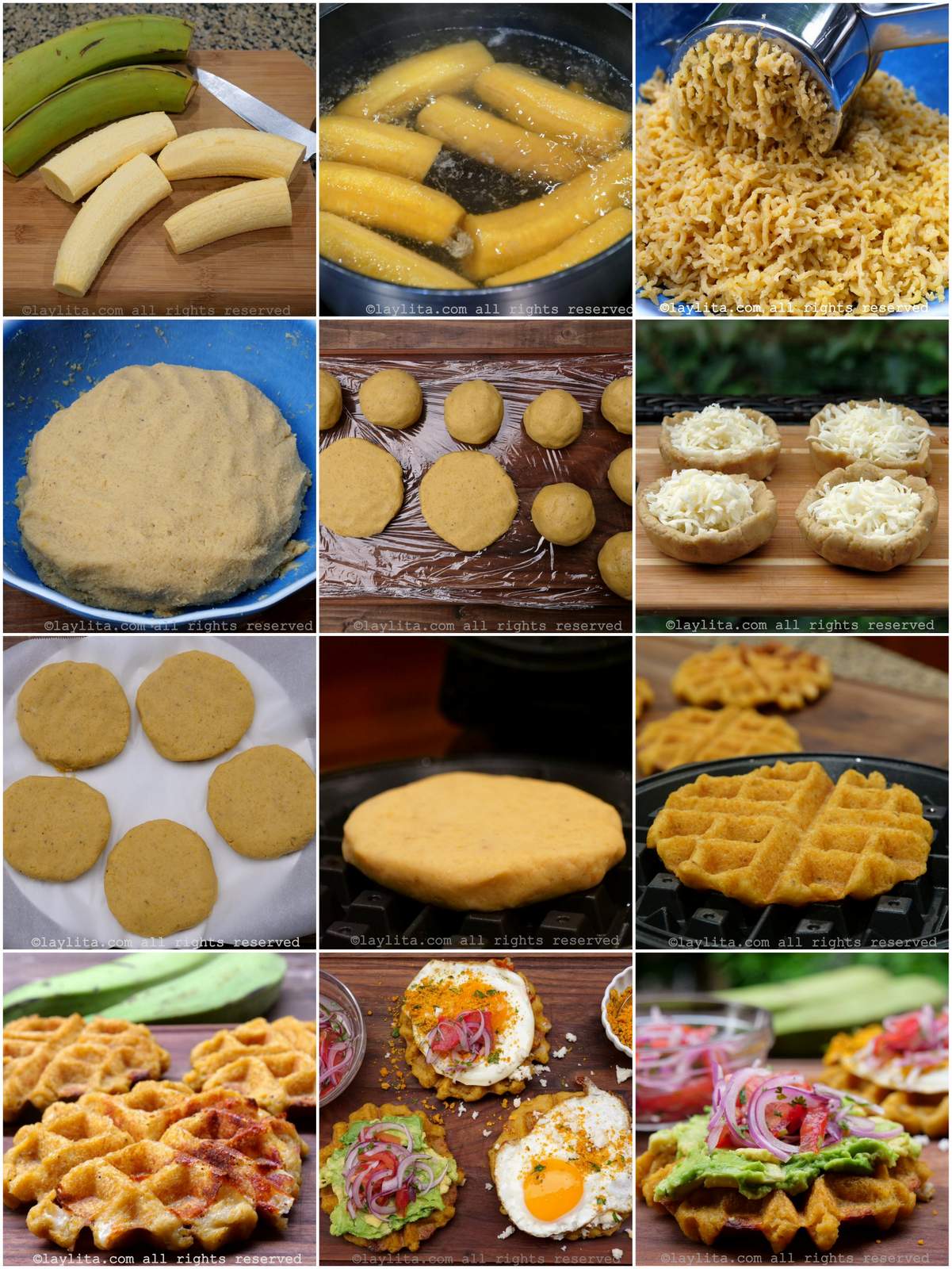 Photo collage of the step by step preparation for green plantain waffles