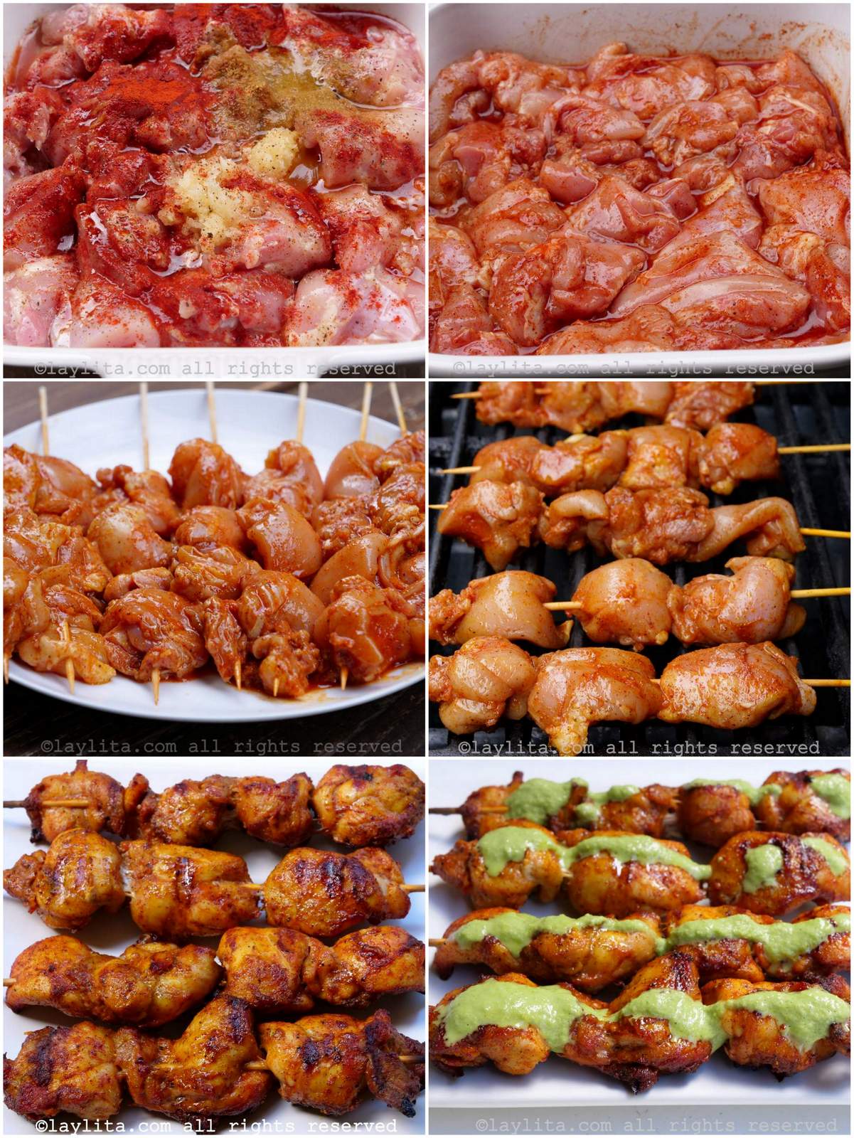 Photo collage of the step by step preparation process for pinchos de pollo or achiote chicken skewers