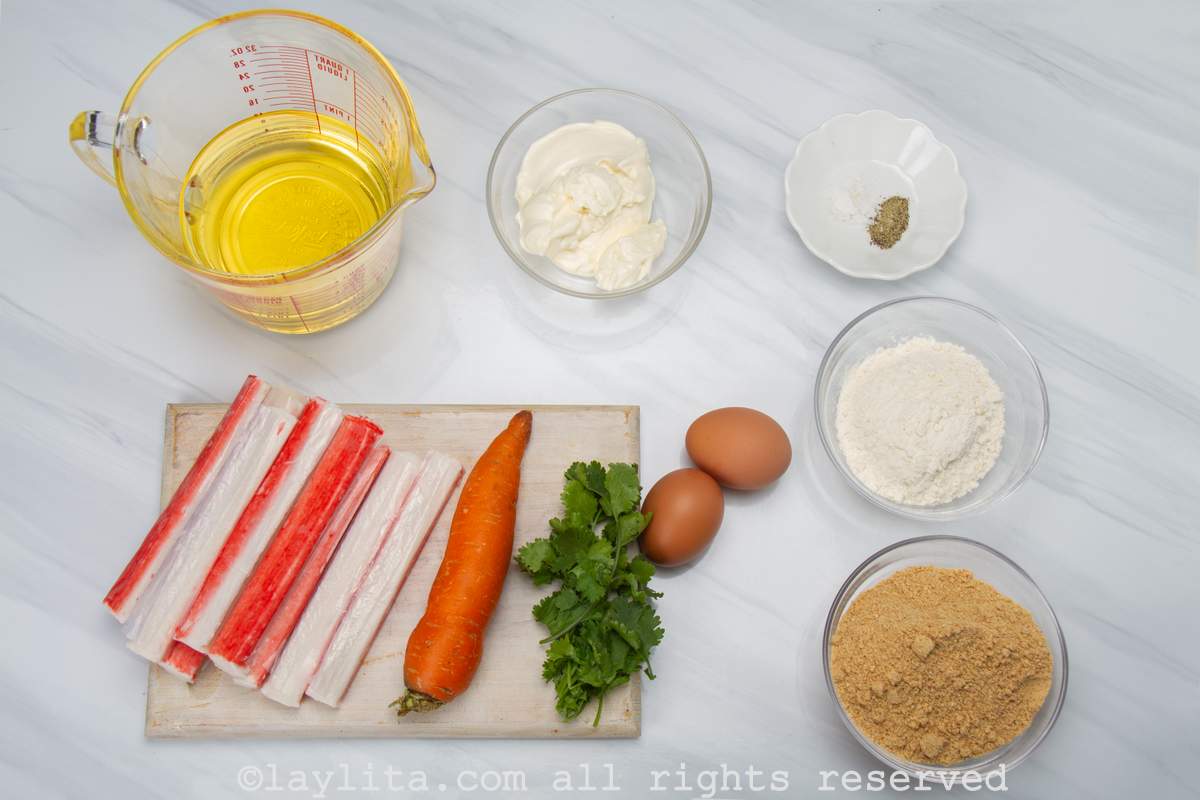 Ingredients for croquettes made with surimi imitation crab on a kitchen counter
