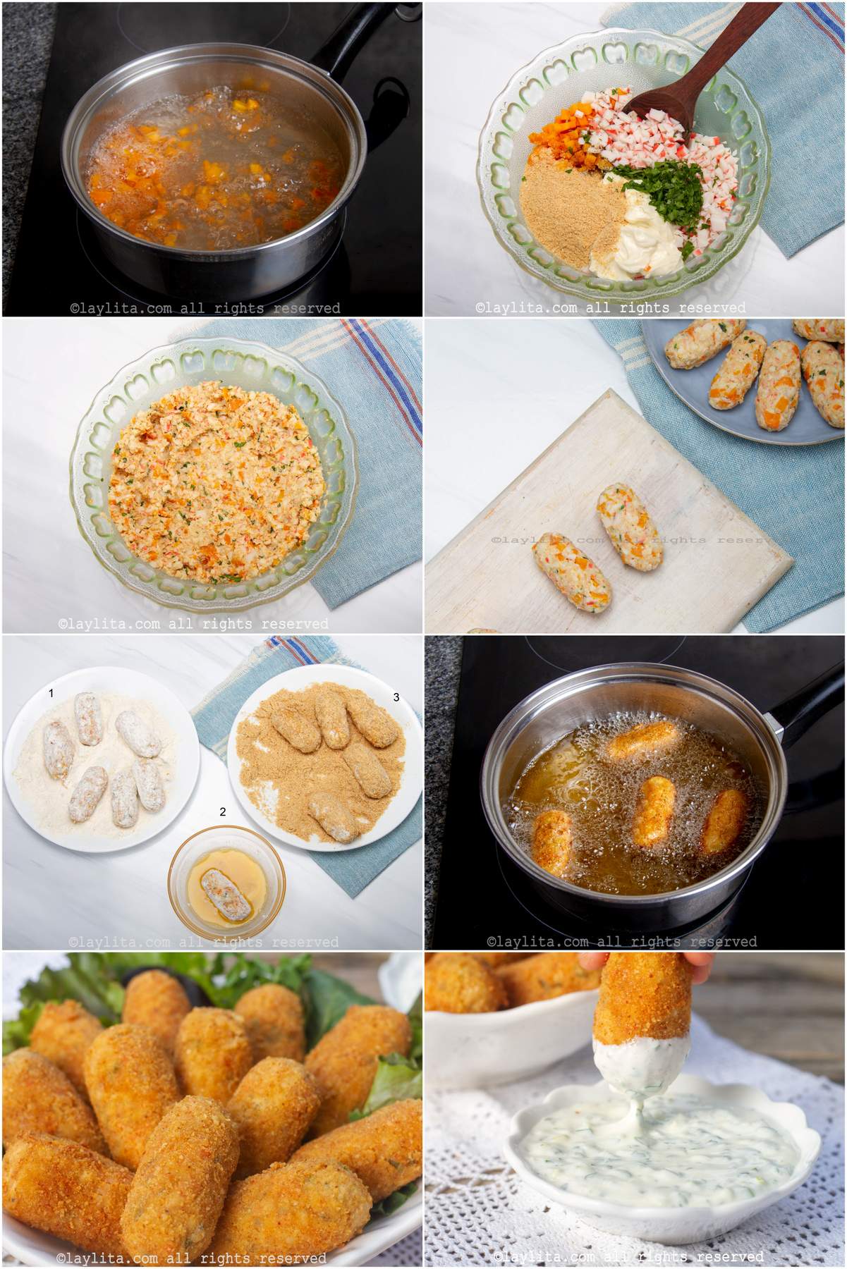 Photo collage of the step by step preparation process for crab croquettes or croquetas de cangrejo recipe