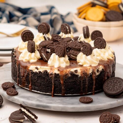 Oreo cheesecake topped with chocolate sauce, whipped cream and extra cookies, on a platter on a kitchen counter