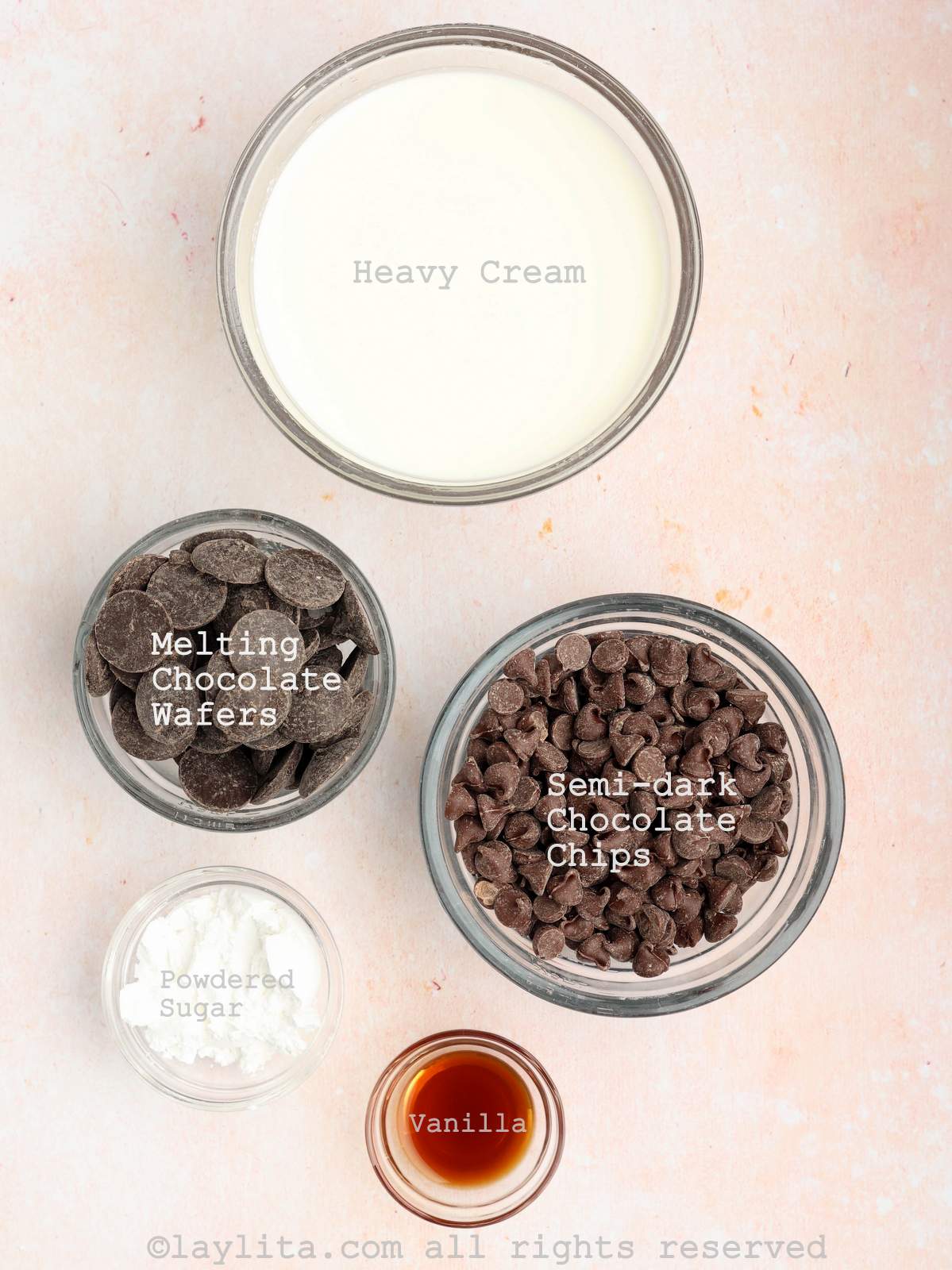 Ingredients for Eggless Chocolate Mousse on a light peach kitchen counter