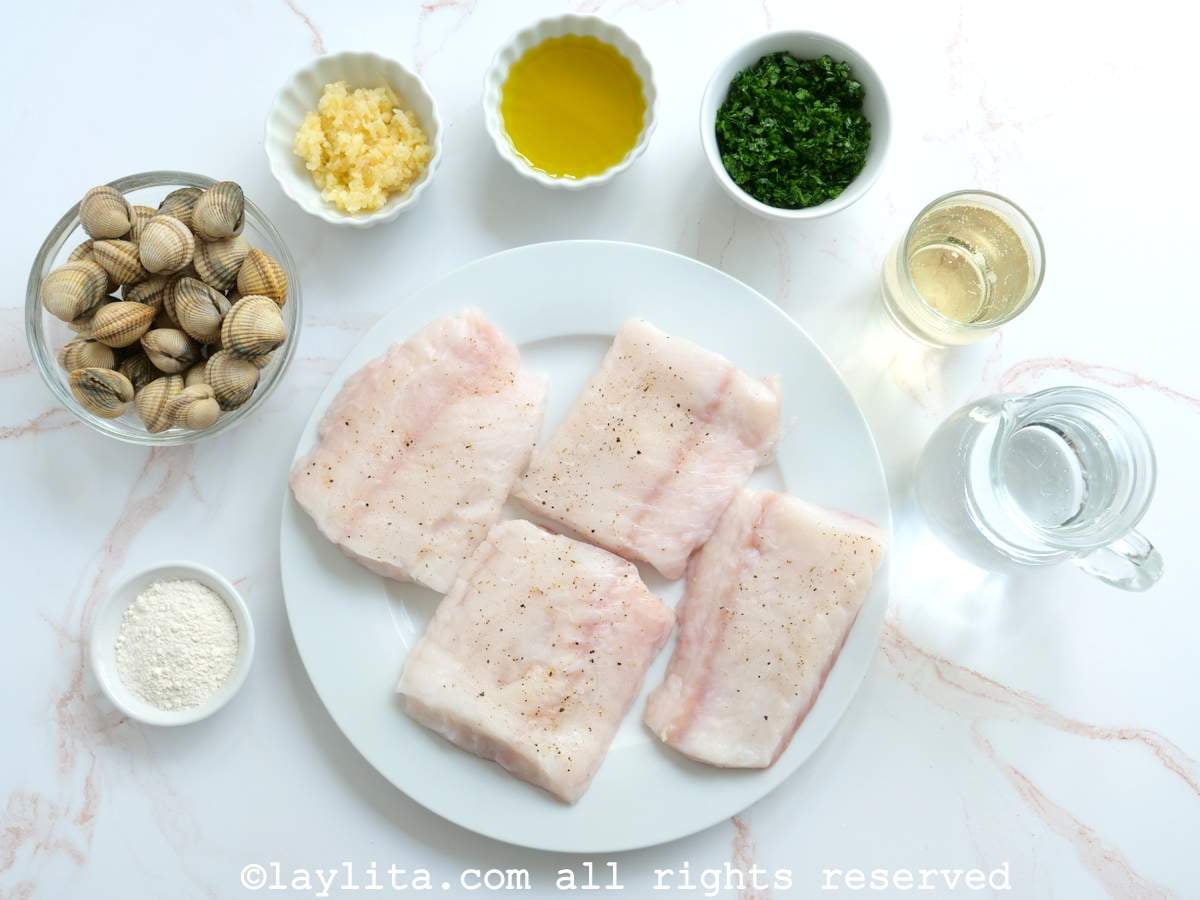 Ingredients needed to make pescado en salsa verde on a kitchen counter.