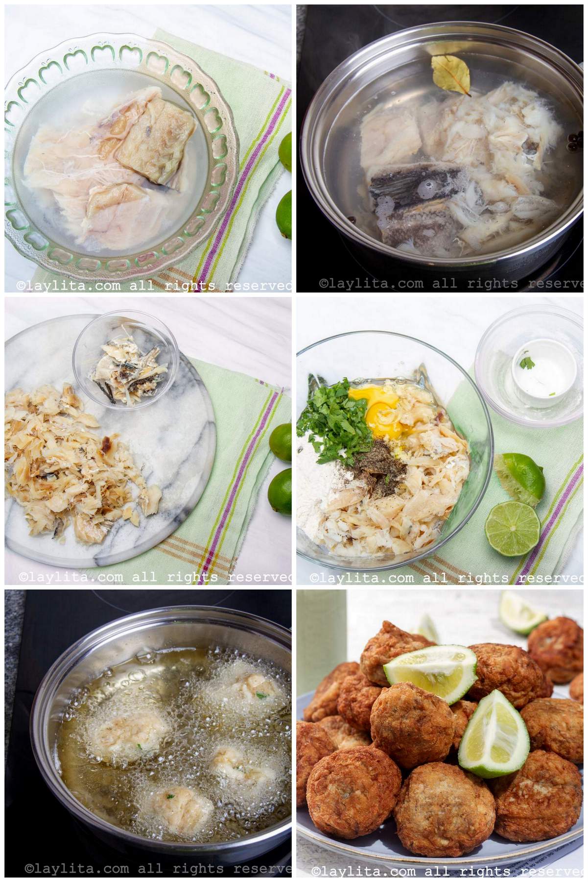 Collage of the step by step preparation process for Buñuelos de Bacalao or Salt Cod Fritters
