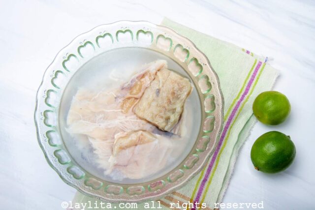 Rinse and soak the salted cod for at least 12 hours