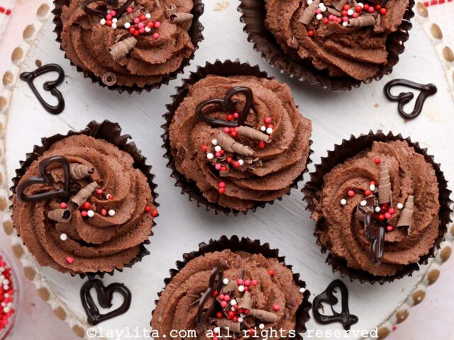 Chocolate moussed cups decorated with chocolate shavings, sprinkles and chocolate hearts