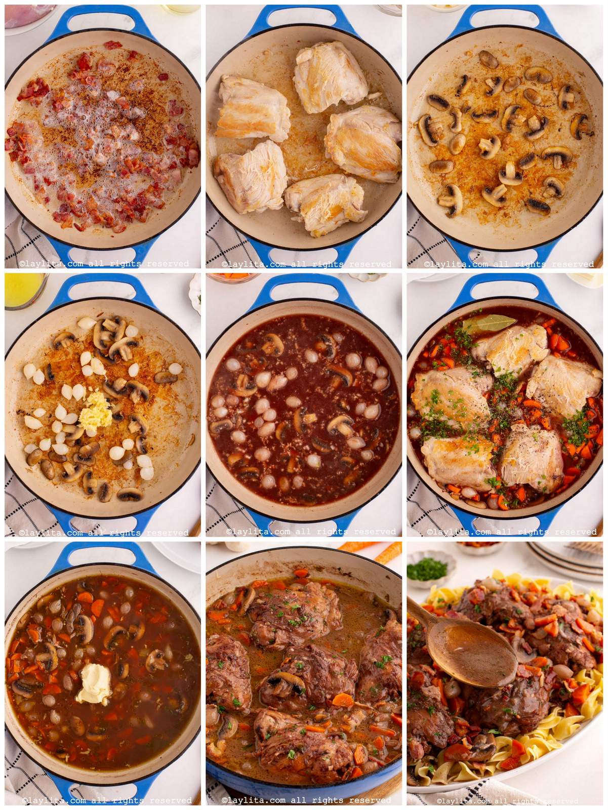 Photo collage of the step by step preparation process for Coq au Vin or French chicken in red wine sauce